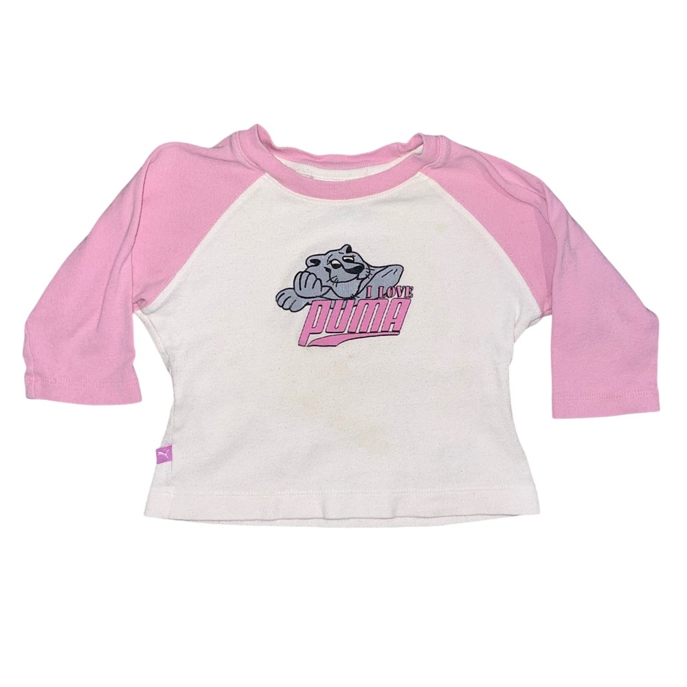 Puma‎ Y2K Girls Pink White Raglan Long Sleeve Shirt I Love Puma Graphic Size 4